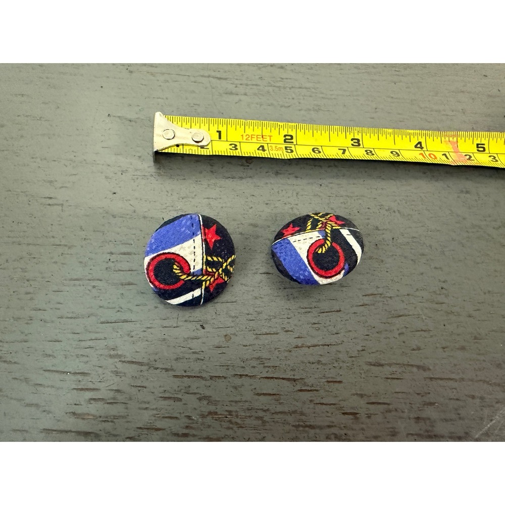 Vintage Nautical Fabric Covered Button Earrings Blue Red White Anchor Star Studs